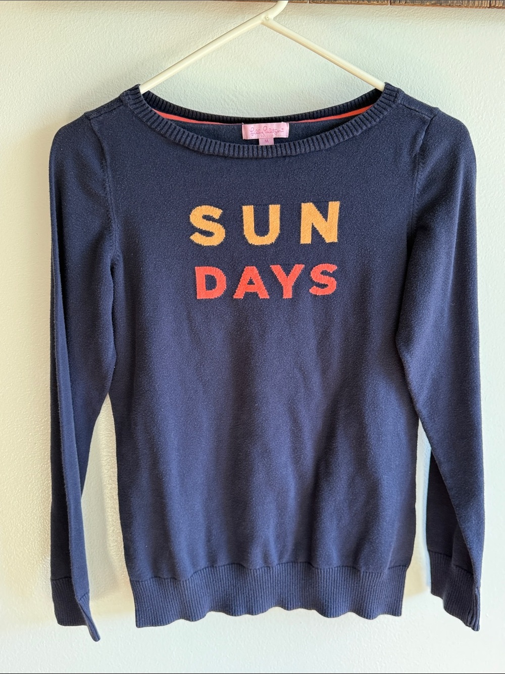 Lilly Pulitzer Navy 'SUN DAYS' Crewneck Sweater with Yellow and Red Graphic